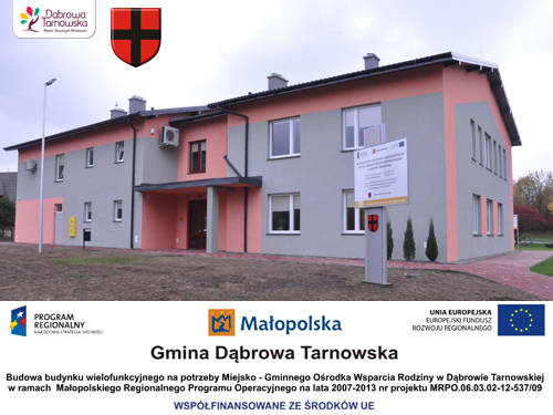 Zdjecie budynku MOPSiWR logo gminy i malopolska